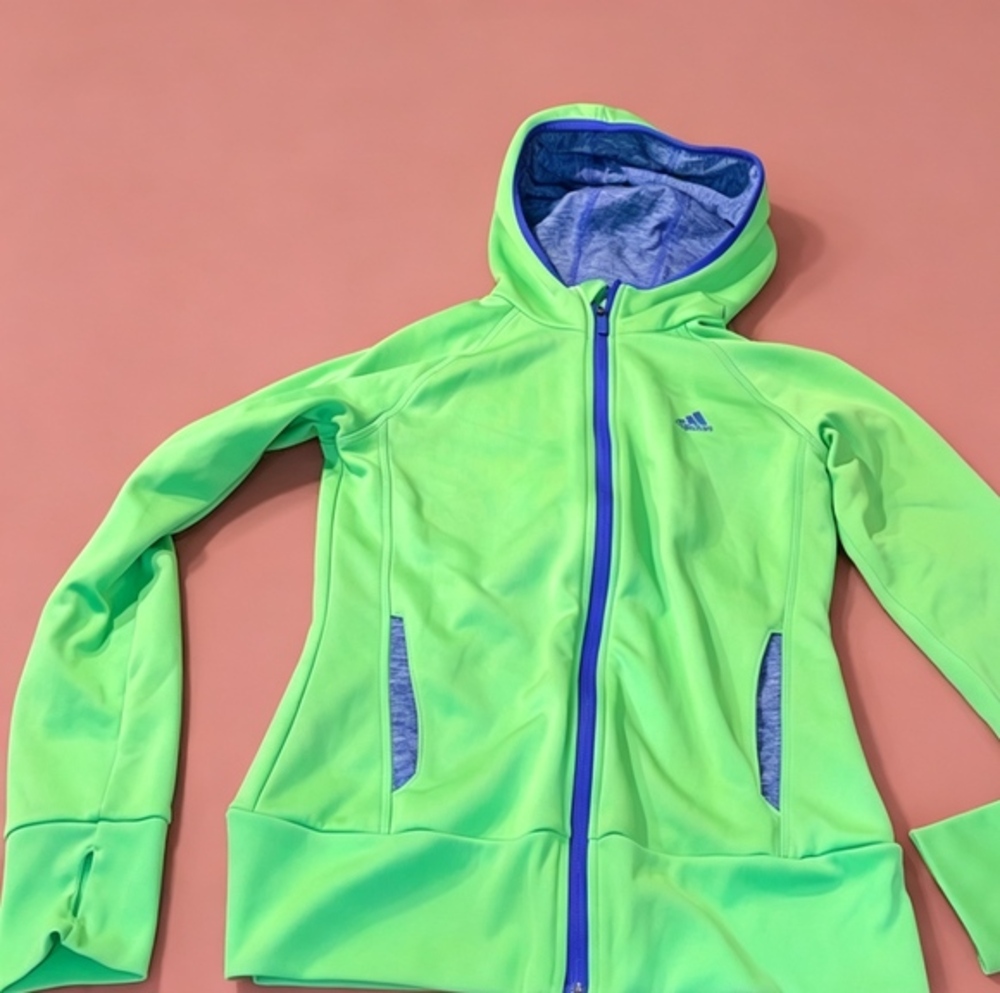 Adidas Climawarm Hoodie lime green, purple accents Sweatshirt‎ women sz small
